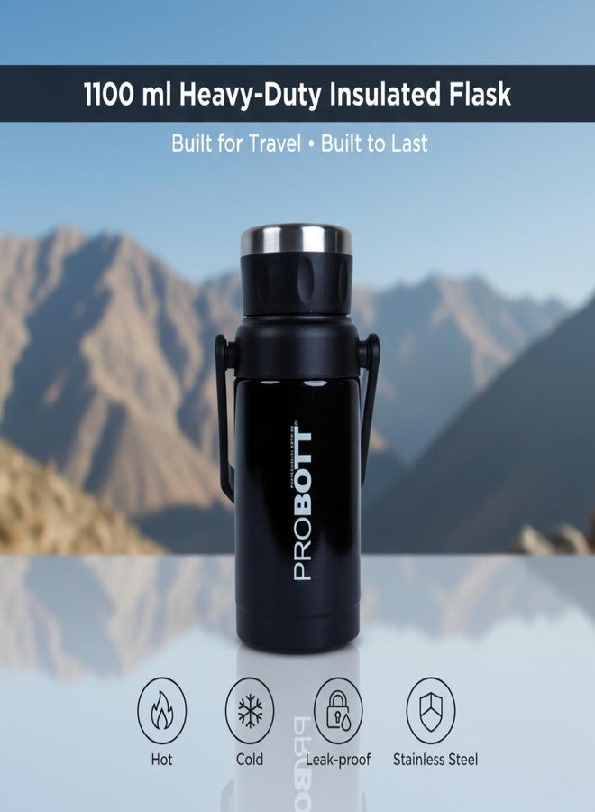 Probott Handy 1100 ml Thermosteel Vacuum Insulated Double Walled Flask 1+ Litre, Black | Carry Handle | Camping | Leakproof | Gym | Sports | Office | Home | Kitchen | Hiking | Treking | Travel - Image 2